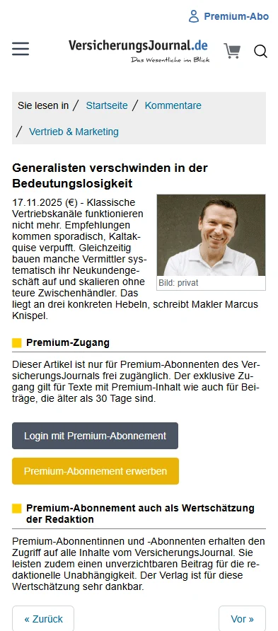 Screenshot: Generalisten verschwinden in der Bedeutungslosigkeit, VersicherungsJournal
